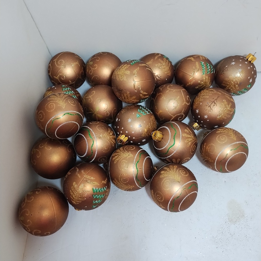 Shatterproof Set of 20 Bronze Christmas Ball Ornaments Glitter Trees Swirls 2.5"